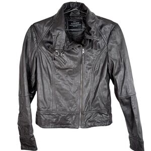 AllSaints Dark Exprsesso Leather Moto Jacket, size 10
